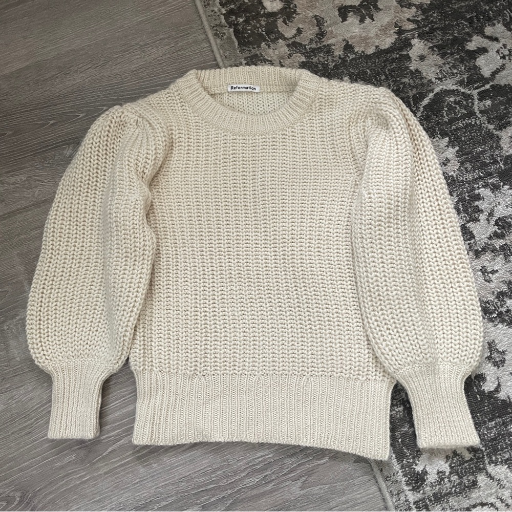 Reformation Puff Sleeve 100% Baby Alpaca Chunky sweater, 3/4 Sleeve, Ivory S